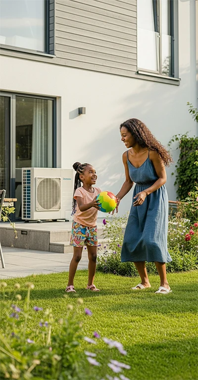 Moeder en dochter spelen in tuin met warmtepomp op achtergrond