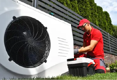 Monteur installeert lucht / water warmtepomp die ook voor koelen kan worden gebruikt