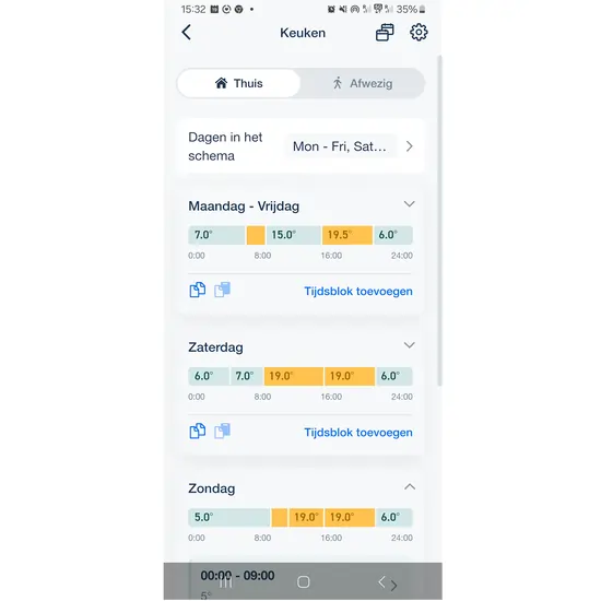 Scherm van Tado programmeerfunctie