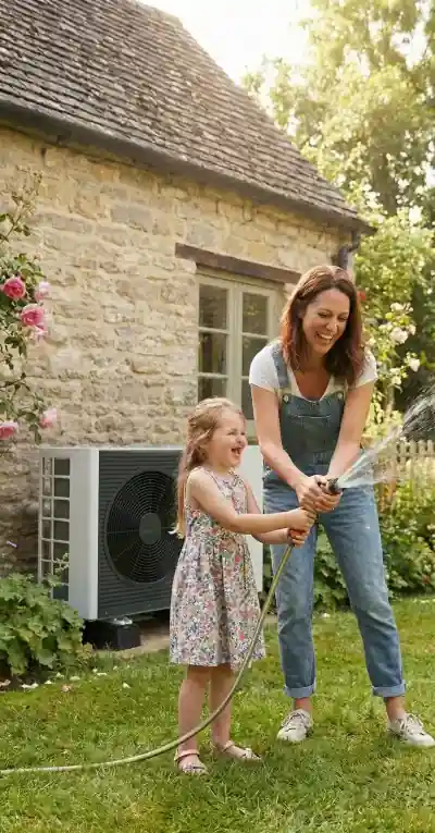 Familie zit op radiator die door CV-ketel is verwarmd